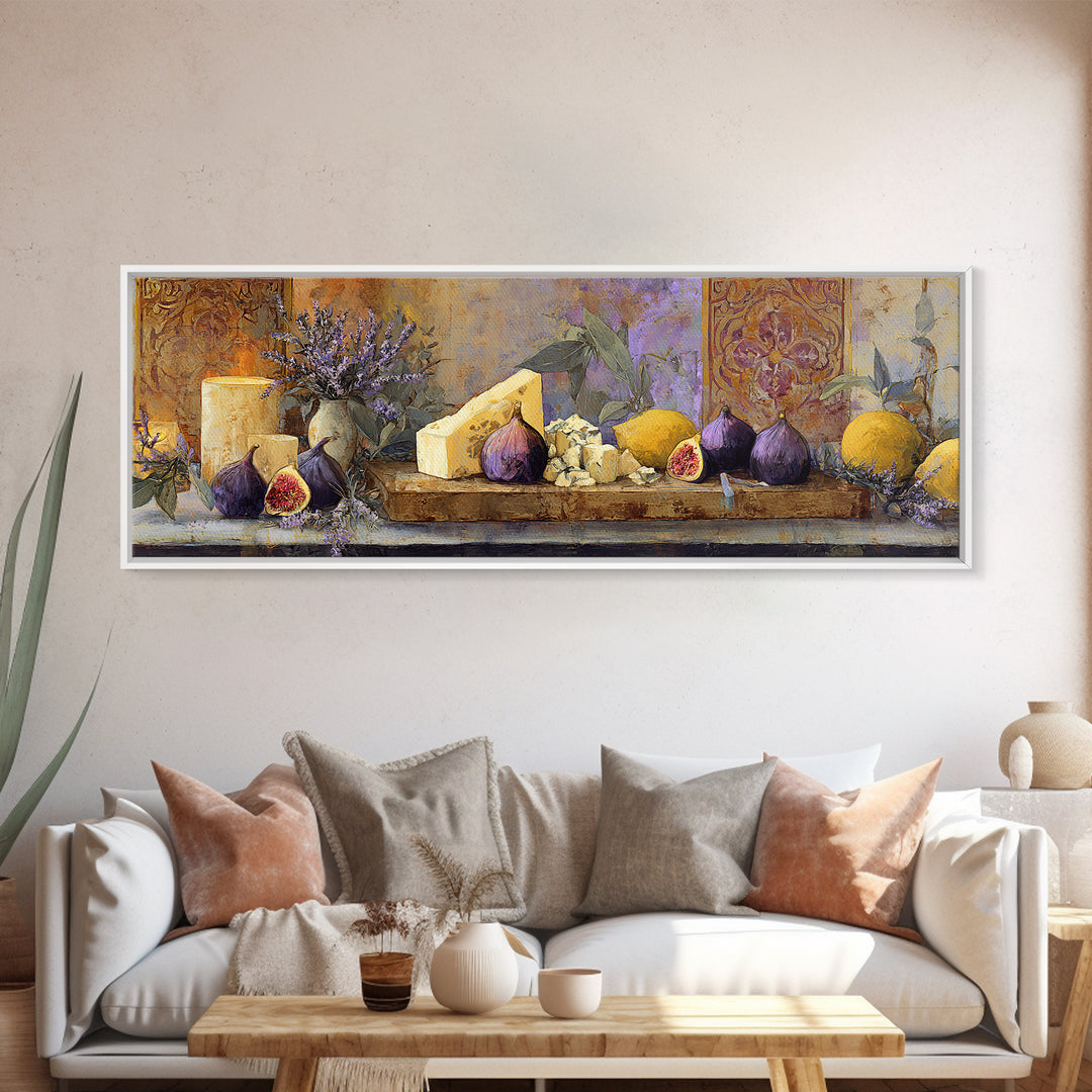 Figs and Cheese on Rustic Wooden Board Canvas Print, Italian Villa Art, Framed Wall Art, Living Room Decor, Abstract Art, Villa, IVA-3x1-49