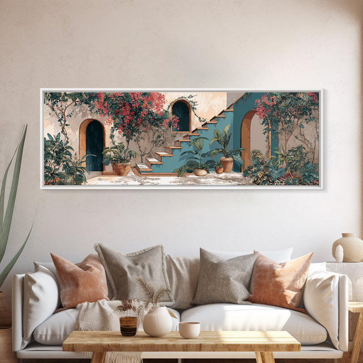 Sunlit Stone Stairway Framed Canvas Print, Italian Villa Art, Textured Painting, Living Room Decor, Villa, Bedroom Wall Art, IVA-3x1-51