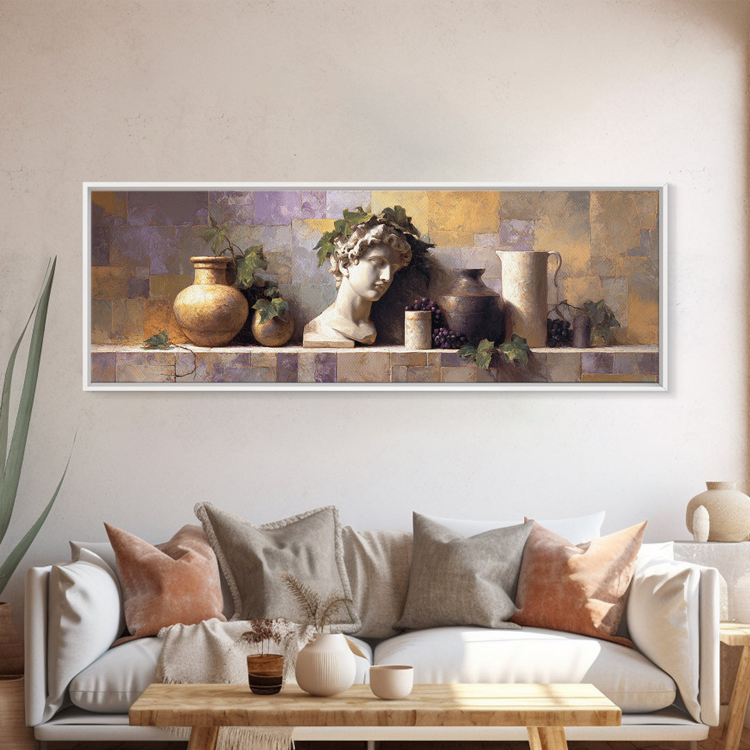 Classic Roman Statue Bust Framed Canvas Print, Italian Villa Art, Boho Decor, Living Room Decor, Abstract Art, Villa, IVA-3x1-52