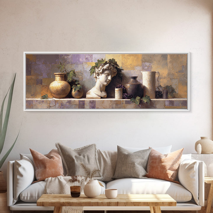 Classic Roman Statue Bust Framed Canvas Print, Italian Villa Art, Boho Decor, Living Room Decor, Abstract Art, Villa, IVA-3x1-52