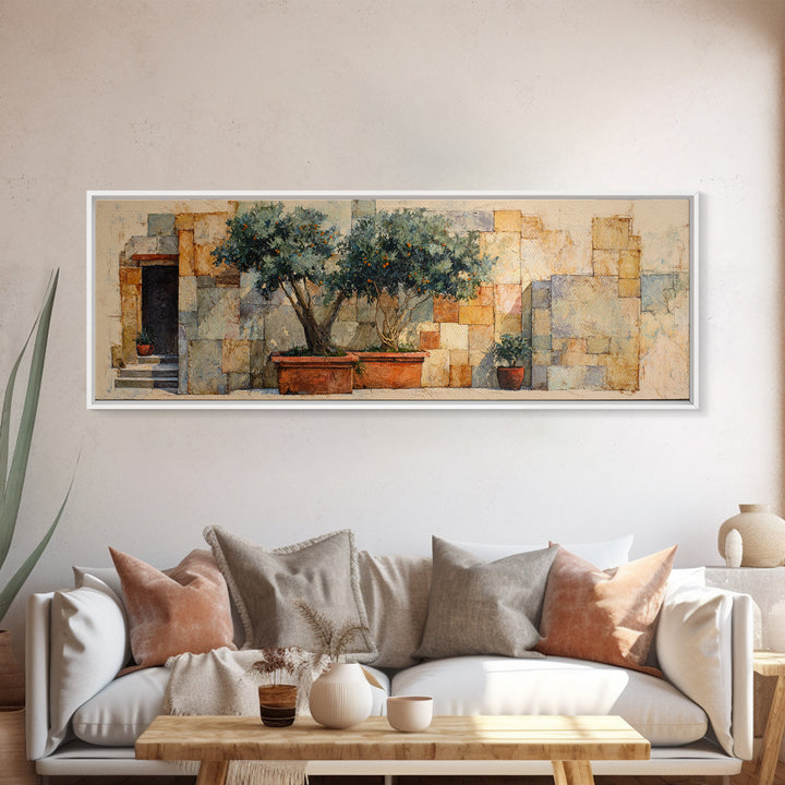 Orange Tree in a Courtyard Planter Canvas Print, Italian Villa Art, Coastal Decor, Living Room Decor, Fine Art, Villa, IVA-3x1-6