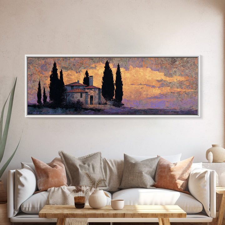 Cypress Silhouette at Sunset Canvas Print, Italian Villa Art, Living Room Decor, Oil Painting, Villa, Living Room Art, IVA-3x1-61