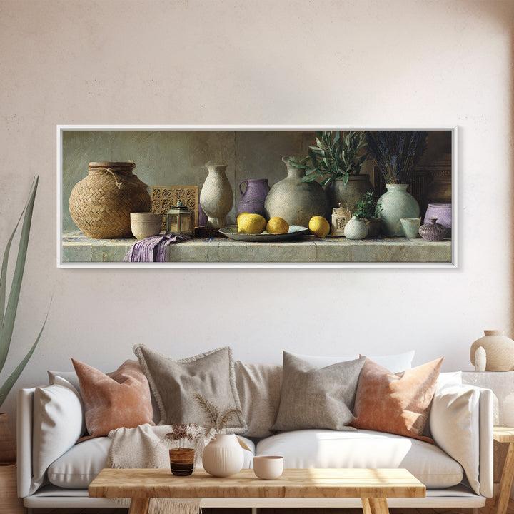 Coastal Lemons and Striped Cloth Arrangement Canvas Print, Italian Villa Art, Modern Decor, Living Room Decor, Villa, IVA-3x1-64