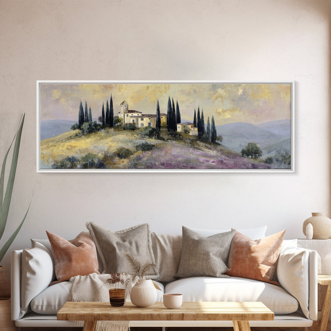 Tuscan Hillside with Cypress Trees and Golden Canvas Print, Italian Villa Art, Living Room Wall Art, Living Room Decor, Villa, IVA-3x1-65