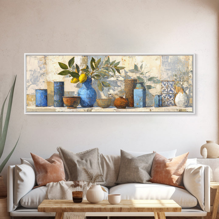 Lemon Branch in Blue Ceramic Vase Canvas Print, Italian Villa Art, Large Wall Art, Living Room Decor, Watercolor Art, Villa, IVA-3x1-66