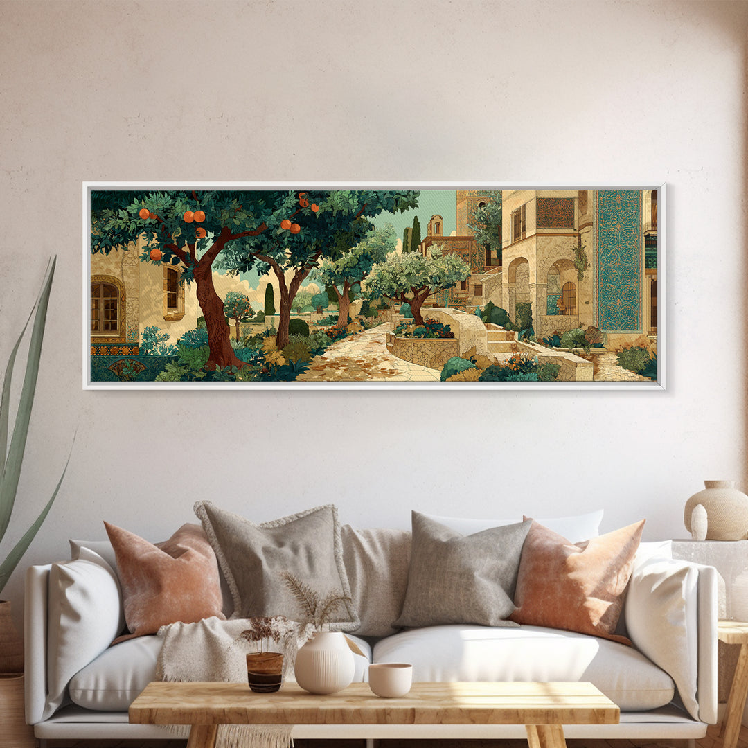Olive Grove Path Framed Canvas Print, Italian Villa Art, Living Room Decor, Abstract Art, Villa, Coastal Wall Art, IVA-3x1-67