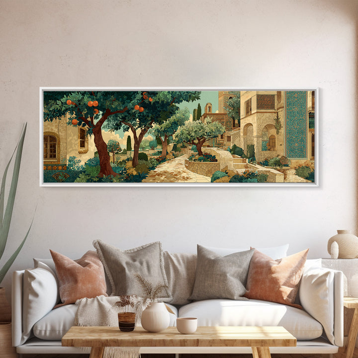 Olive Grove Path Framed Canvas Print, Italian Villa Art, Living Room Decor, Abstract Art, Villa, Coastal Wall Art, IVA-3x1-67