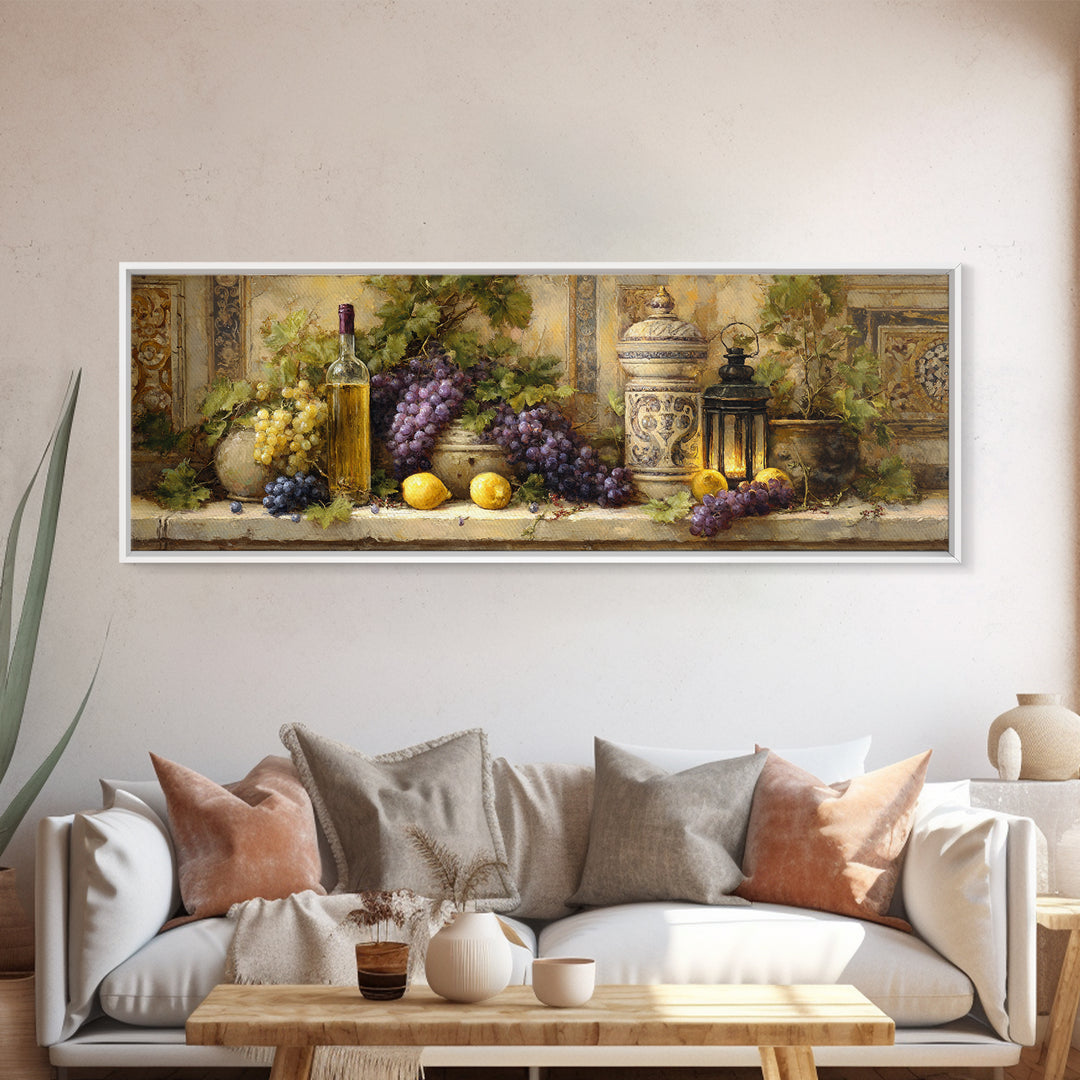 Grapevine and Wine Still Life on Linen Canvas Print, Italian Villa Art, Wall Art Prints, Living Room Decor, Fine Art, Villa, IVA-3x1-71