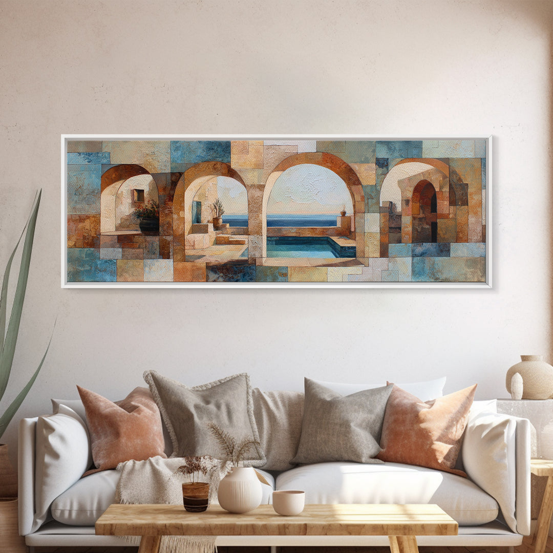 Mediterranean Arch Framing Blue Sea Framed Canvas Print, Italian Villa Art, Textured Painting, Living Room Decor, Villa, IVA-3x1-72