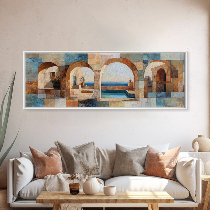 Mediterranean Arch Framing Blue Sea Framed Canvas Print, Italian Villa Art, Textured Painting, Living Room Decor, Villa, IVA-3x1-72