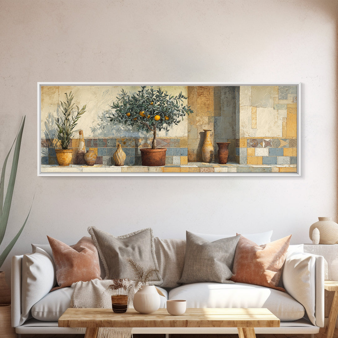 Orange Tree in a Courtyard Planter Canvas Print, Italian Villa Art, Statement Artwork, Living Room Decor, Fine Art, Villa, IVA-3x1-78