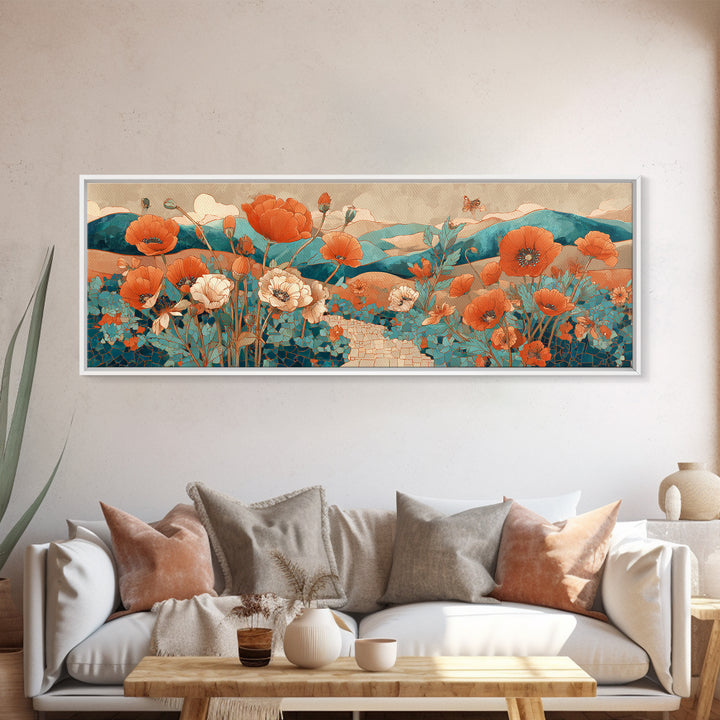 Tuscan Poppy Field Framed Canvas Print, Italian Villa Art, Oil Painting, Living Room Decor, Villa, Farmhouse Wall Art, IVA-3x1-79