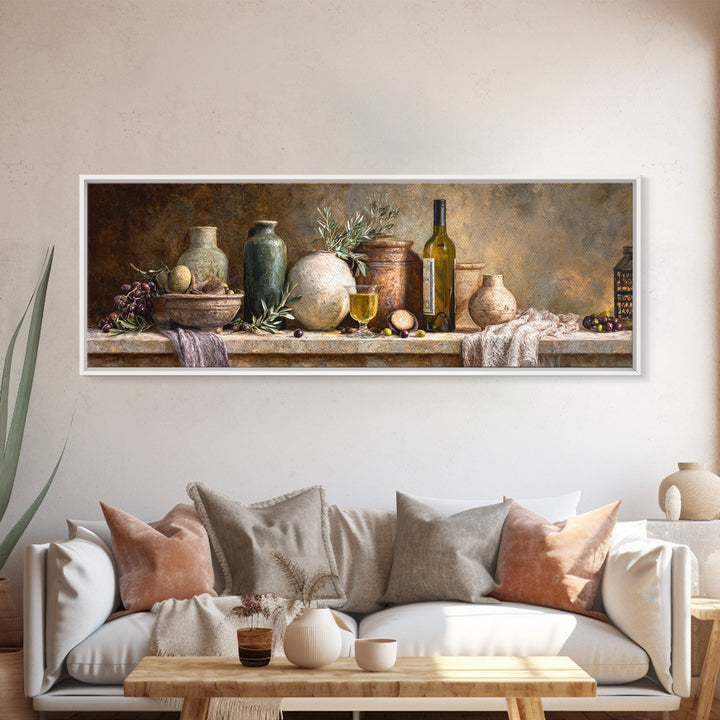 White Wine and Olives Still Life Canvas Print, Italian Villa Art, Living Room Art, Living Room Decor, Fine Art, Villa, IVA-3x1-8
