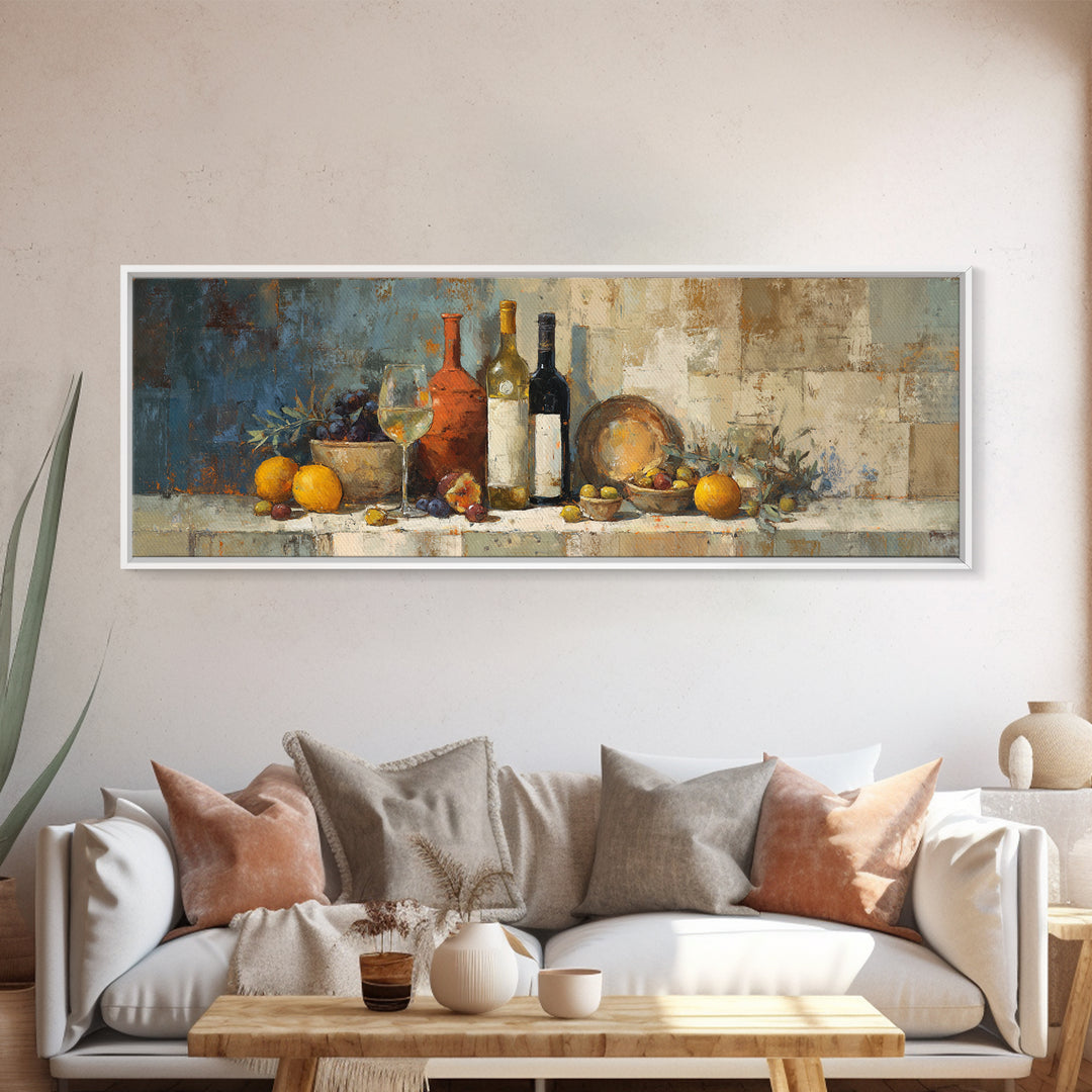 White Wine and Olives Still Life Canvas Print, Italian Villa Art, Minimalist Decor, Living Room Decor, Fine Art, Villa, IVA-3x1-80