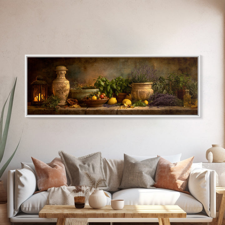 Pasta Herbs and Tomatoes Still Life Canvas Print, Italian Villa Art, Minimalist Decor, Living Room Decor, Fine Art, Villa, IVA-3x1-83