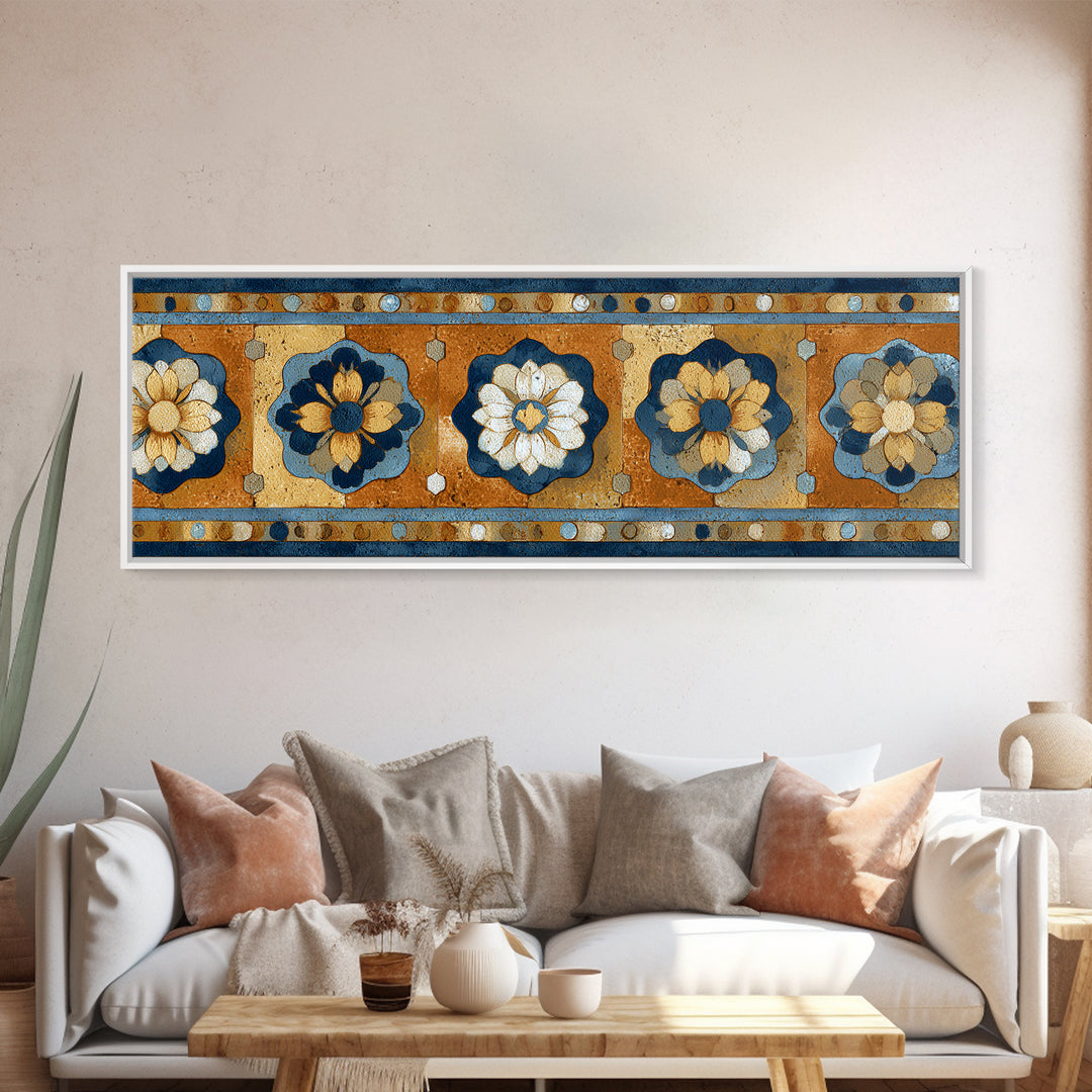 Italian Tile Pattern Framed Canvas Print, Italian Villa Art, Textured Painting, Living Room Decor, Villa, Living Room Wall Art, IVA-3x1-9