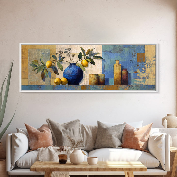 Lemon Branch in Blue Ceramic Vase Framed Canvas Print, Italian Villa Art, Bedroom Wall Art, Living Room Decor, Fine Art, Villa, IVA-3x1-90