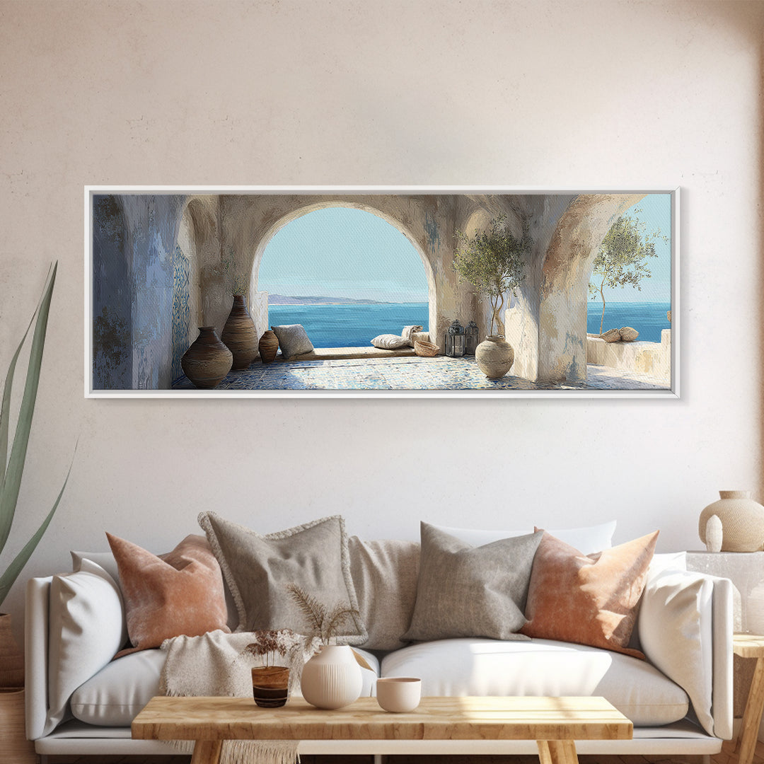 Mediterranean Arch Framing Blue Sea Canvas Print, Italian Villa Art, Gallery Wall, Living Room Decor, Fine Art, Villa, IVA-3x1-96