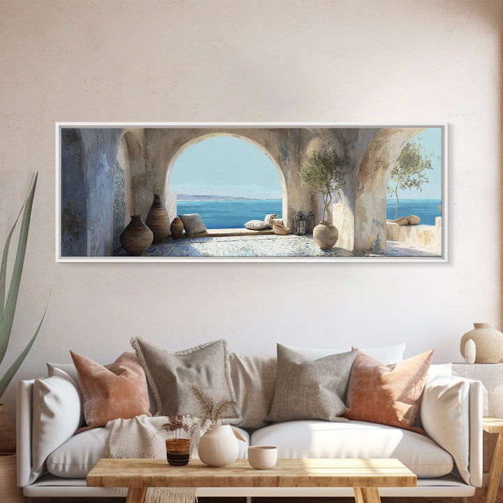 Mediterranean Arch Framing Blue Sea Canvas Print, Italian Villa Art, Gallery Wall, Living Room Decor, Fine Art, Villa, IVA-3x1-96