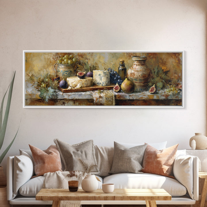 Figs and Cheese on Rustic Wooden Board Canvas Print, Italian Villa Art, Landscape Art, Living Room Decor, Watercolor Art, Villa, IVA-3x1-97