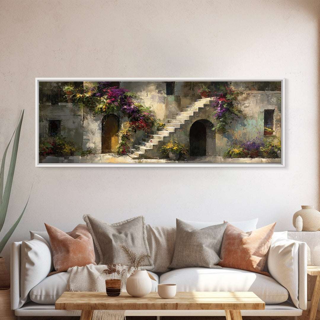 Sunlit Stone Stairway Framed Canvas Print, Italian Villa Art, Gallery Wall Set, Living Room Decor, Villa, Modern Decor, IVA-3x1-99