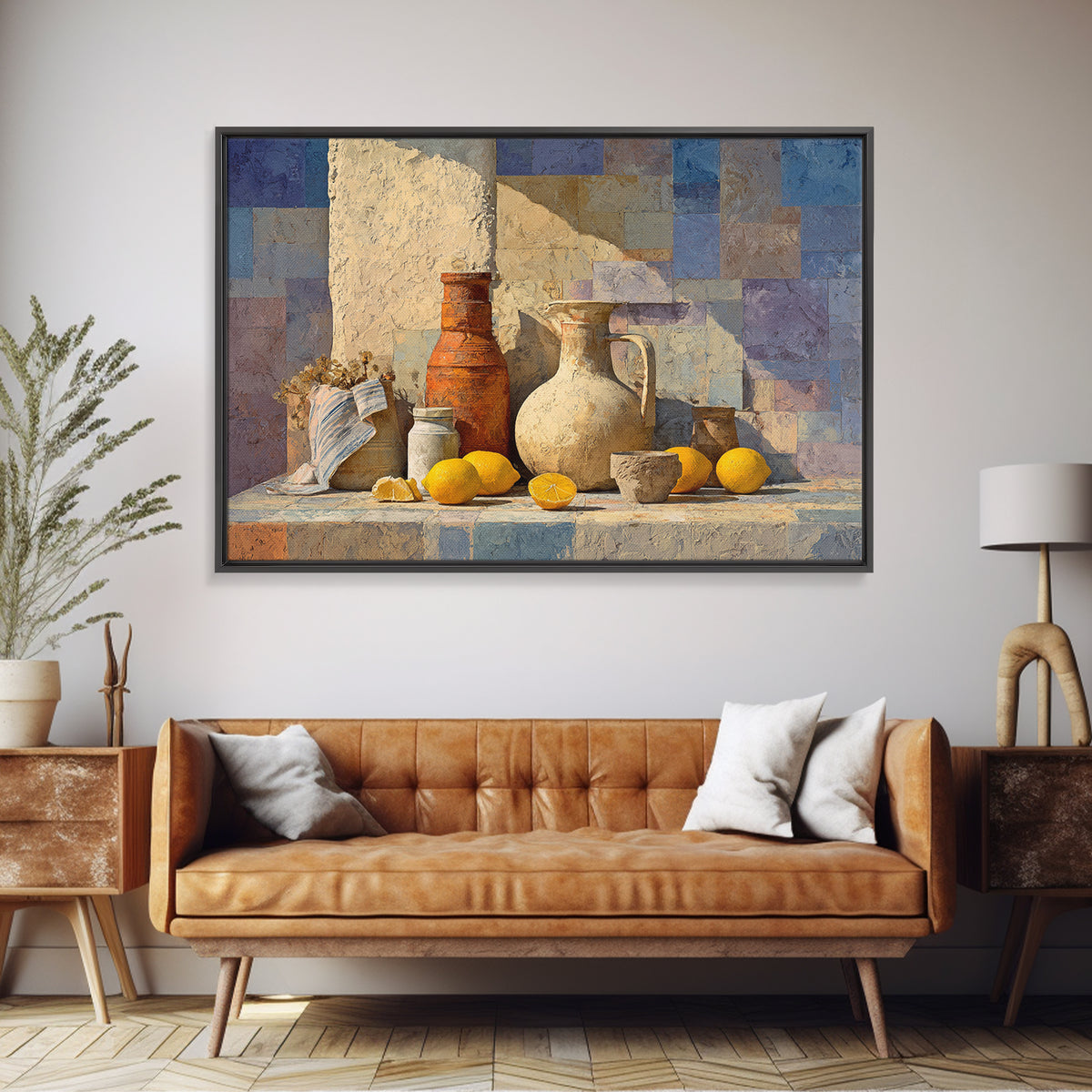 Coastal Lemons and Striped Cloth Arrangement Canvas Print, Italian Villa Art, Landscape Painting, Living Room Decor, Villa, IVA-3x2-100