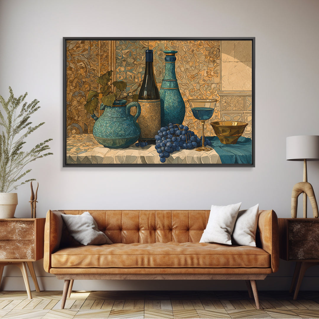 Grapevine and Wine Still Life on Linen Canvas Print, Italian Villa Art, Minimalist Decor, Living Room Decor, Abstract Art, IVA-3x2-11