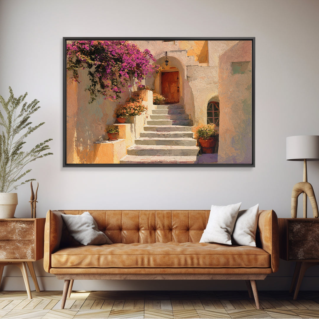 Sunlit Stone Stairway Framed Canvas Print, Italian Villa Art, Neutral Decor, Living Room Decor, Fine Art, Villa, IVA-3x2-15