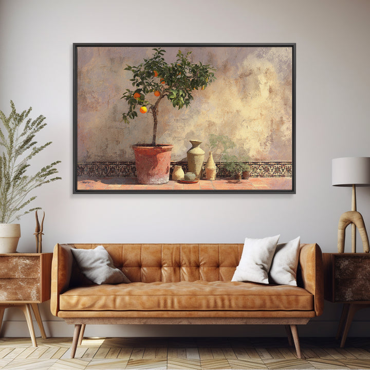 Orange Tree in a Courtyard Planter Framed Canvas Print, Italian Villa Art, Textured Painting, Living Room Decor, Villa, IVA-3x2-18