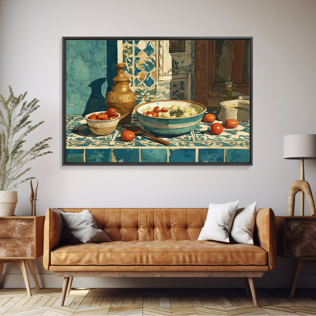 Pasta Herbs and Tomatoes Still Life Framed Canvas Print, Italian Villa Art, Room Decor, Living Room Decor, Fine Art, Villa, IVA-3x2-23