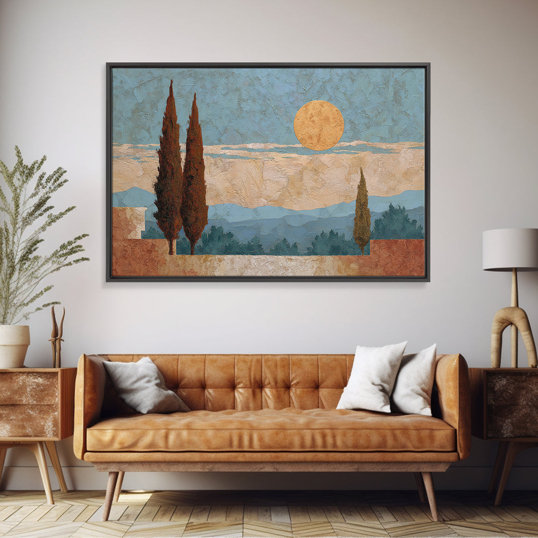 Cypress Silhouette at Sunset Framed Canvas Print, Italian Villa Art, Oil Painting, Living Room Decor, Abstract Art, Villa, IVA-3x2-25