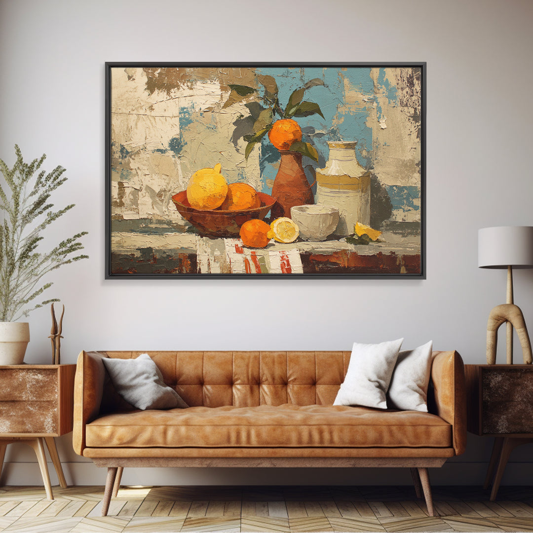 Coastal Lemons and Striped Cloth Arrangement Framed Canvas Print, Italian Villa Art, Boho Decor, Living Room Decor, Villa, IVA-3x2-28
