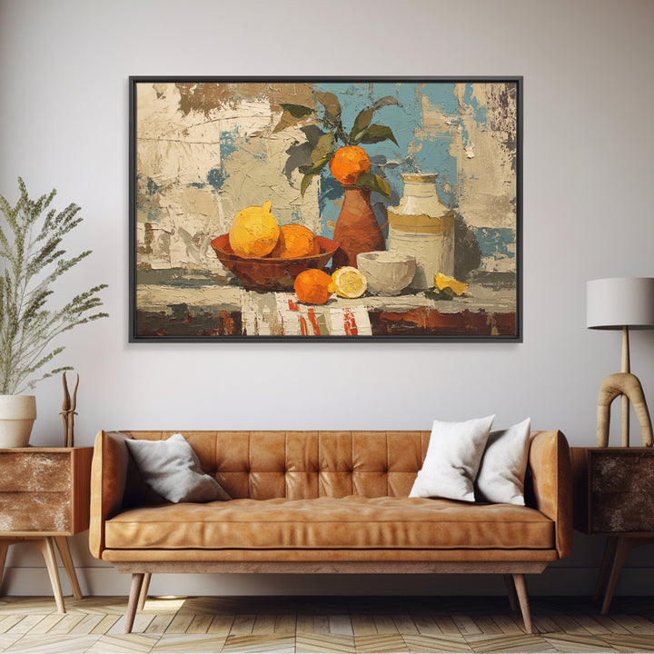 Coastal Lemons and Striped Cloth Arrangement Framed Canvas Print, Italian Villa Art, Boho Decor, Living Room Decor, Villa, IVA-3x2-28