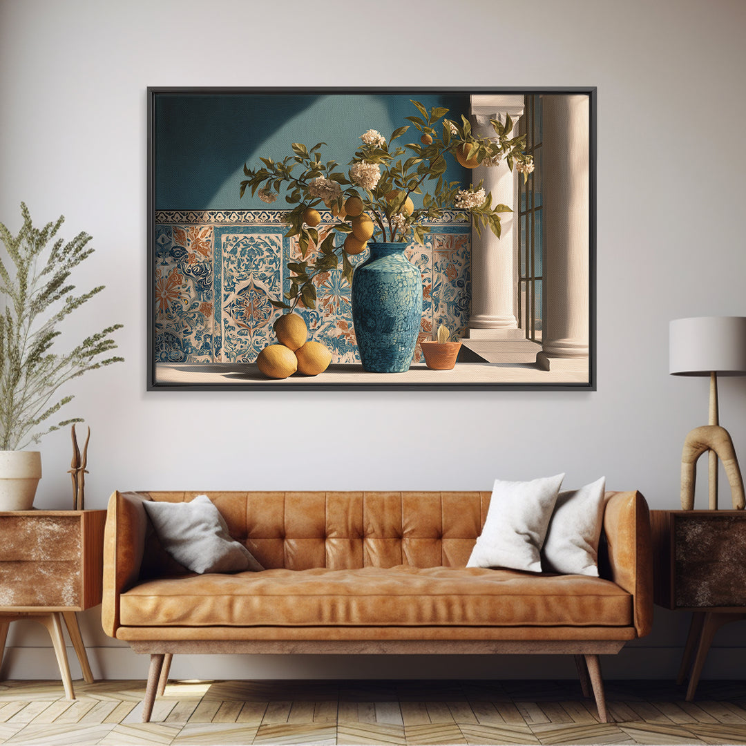 Lemon Branch in Blue Ceramic Vase Canvas Print, Italian Villa Art, Large Wall Art, Living Room Decor, Oil Painting, Villa, IVA-3x2-30