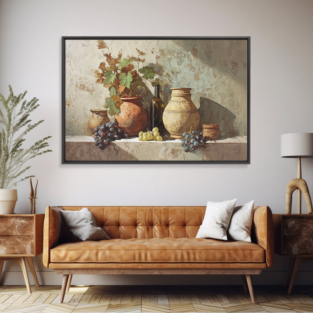 Grapevine and Wine Still Life on Linen Framed Canvas Print, Italian Villa Art, Digital Wall Art, Living Room Decor, IVA-3x2-35