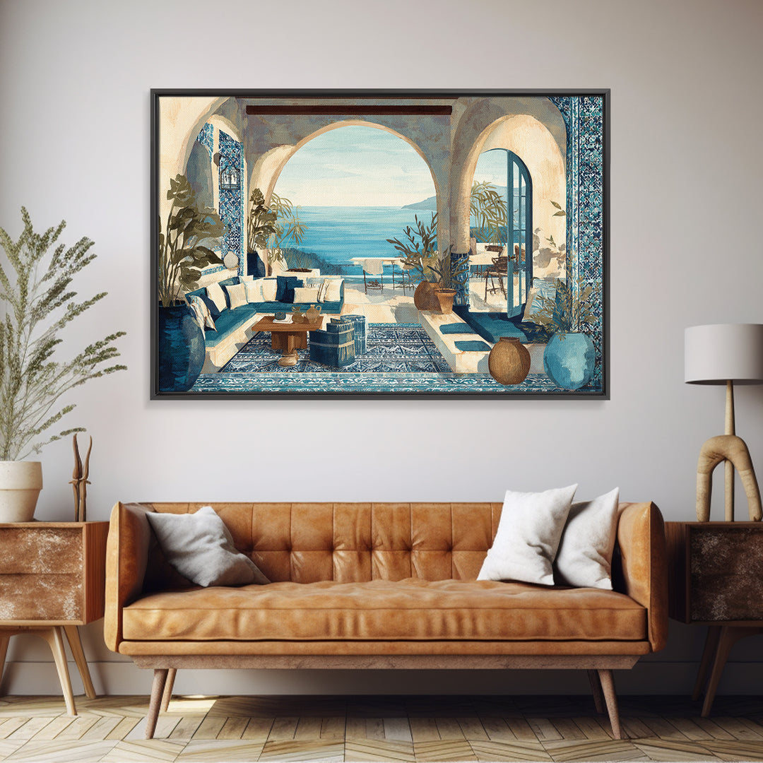 Mediterranean Arch Framing Blue Sea Framed Canvas Print, Italian Villa Art, Contemporary Art, Living Room Decor, Villa, IVA-3x2-36
