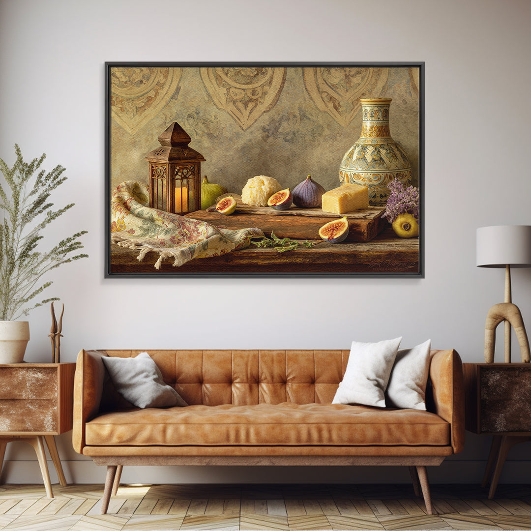 Figs and Cheese on Rustic Wooden Board Canvas Print, Italian Villa Art, Framed Wall Art, Living Room Decor, Oil Painting, Villa, IVA-3x2-37