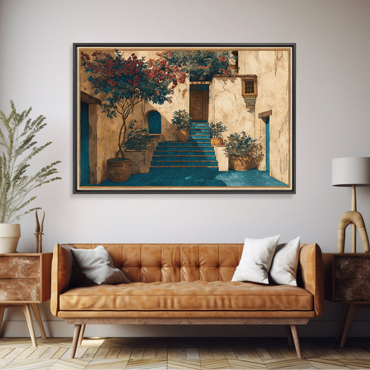 Sunlit Stone Stairway Framed Canvas Print, Italian Villa Art, Bedroom Wall Art, Living Room Decor, Villa, Travel Poster, IVA-3x2-39