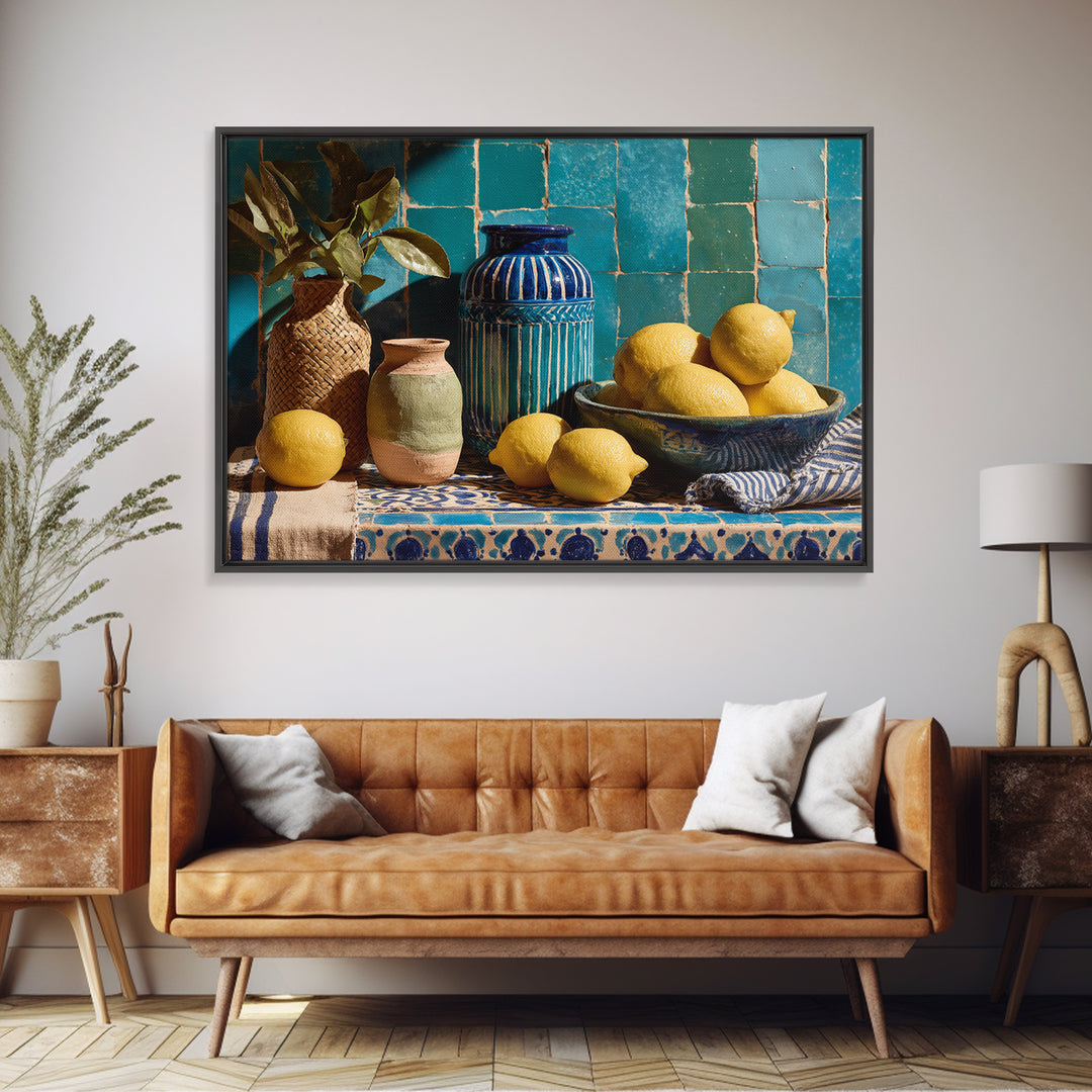 Coastal Lemons and Striped Cloth Arrangement Canvas Print, Italian Villa Art, Gallery Decor, Living Room Decor, Oil Painting, IVA-3x2-4