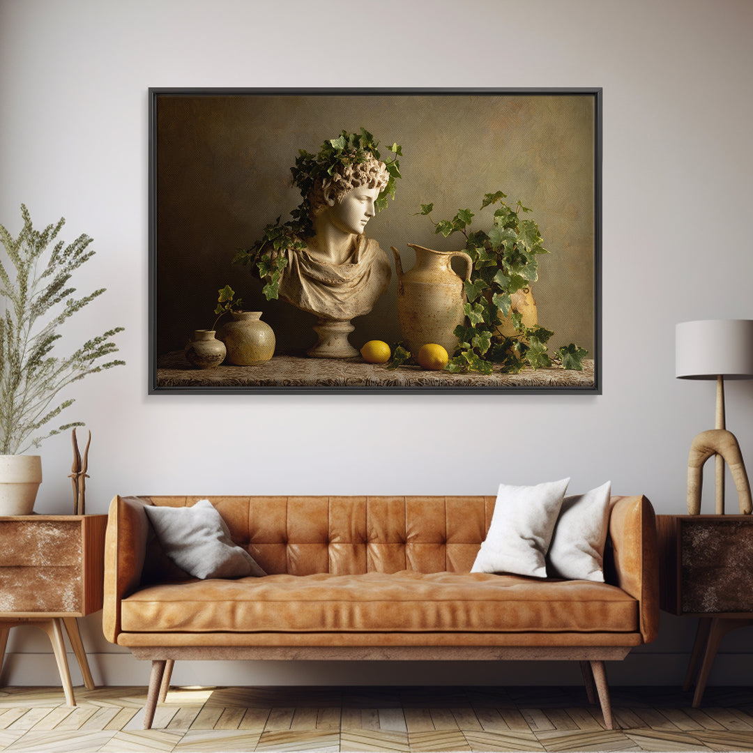 Classic Roman Statue Bust Framed Canvas Print, Italian Villa Art, Printable Wall Art, Living Room Decor, Oil Painting, Villa, IVA-3x2-40