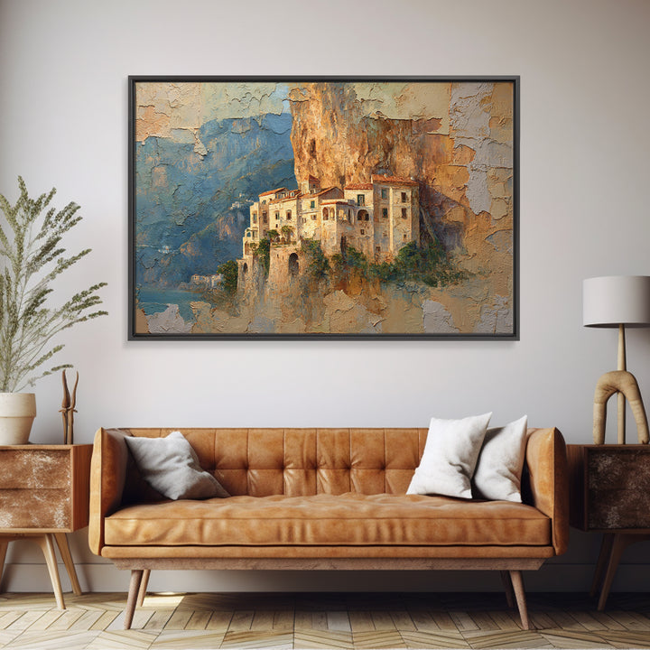 Amalfi Coast Cliffs Framed Canvas Print, Italian Villa Art, Printable Art, Living Room Decor, Watercolor Art, Villa, IVA-3x2-41