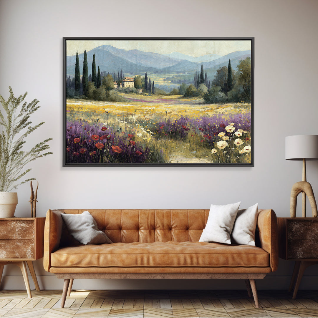 Tuscan Poppy Field Canvas Print, Italian Villa Art, Framed Wall Art, Living Room Decor, Abstract Art, Villa, Colorful Wall Art, IVA-3x2-43