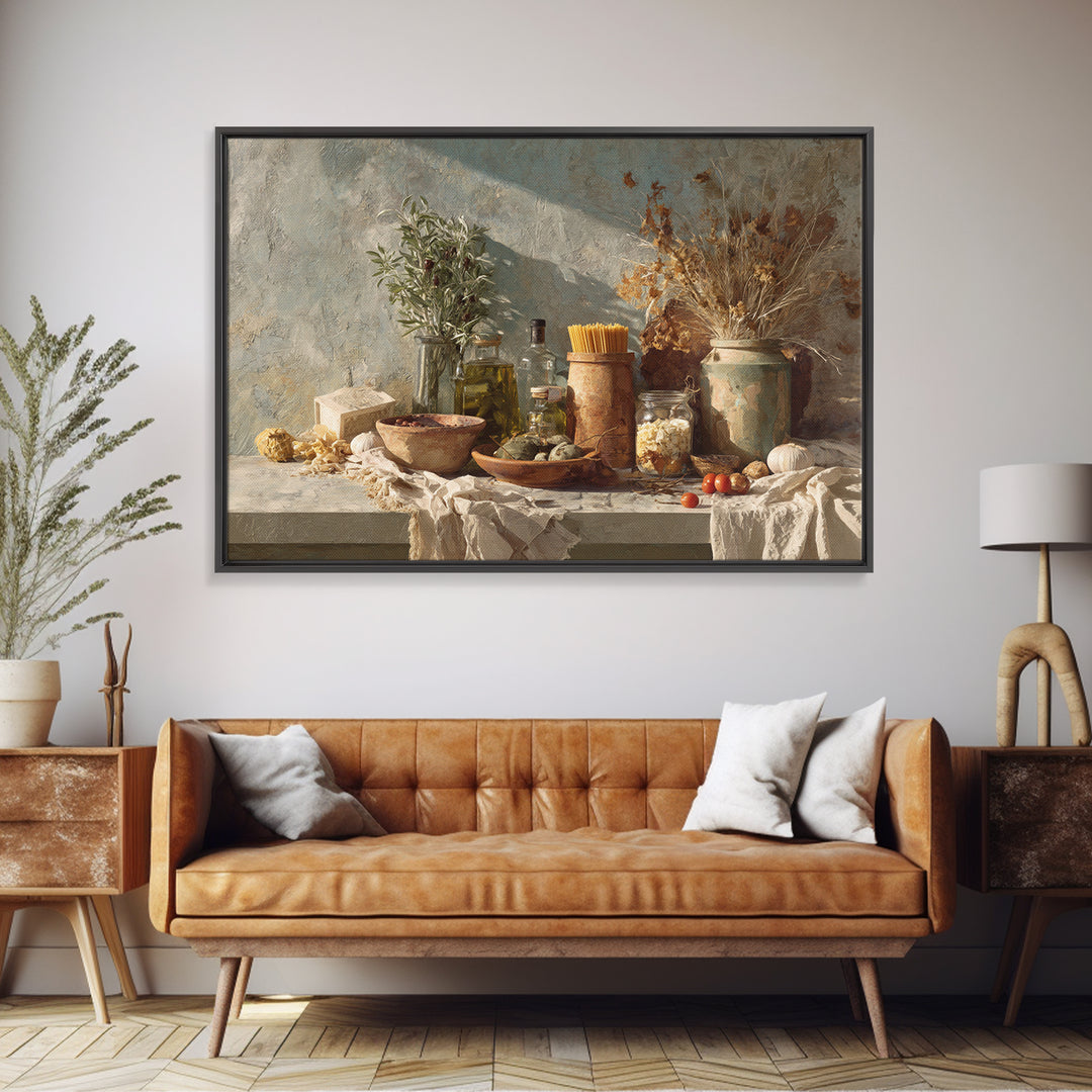 Pasta Herbs and Tomatoes Still Life Framed Canvas Print, Italian Villa Art, Colorful Wall Art, Living Room Decor, Oil Painting, IVA-3x2-47