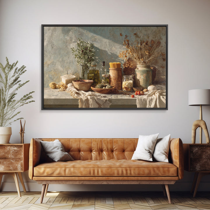 Pasta Herbs and Tomatoes Still Life Framed Canvas Print, Italian Villa Art, Colorful Wall Art, Living Room Decor, Oil Painting, IVA-3x2-47