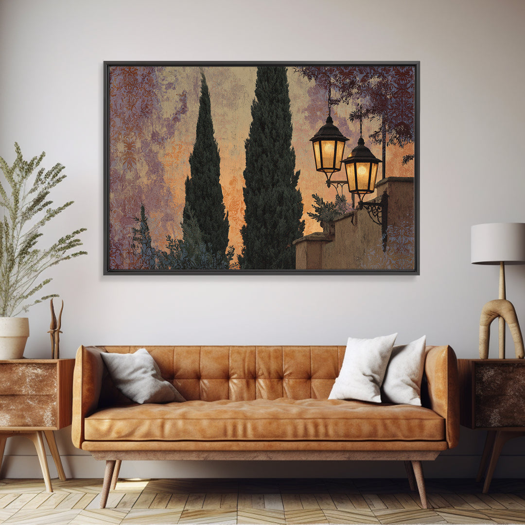 Cypress Silhouette at Sunset Canvas Print, Italian Villa Art, Living Room Decor, Villa, Living Room Art, Gallery Wall Set, IVA-3x2-49