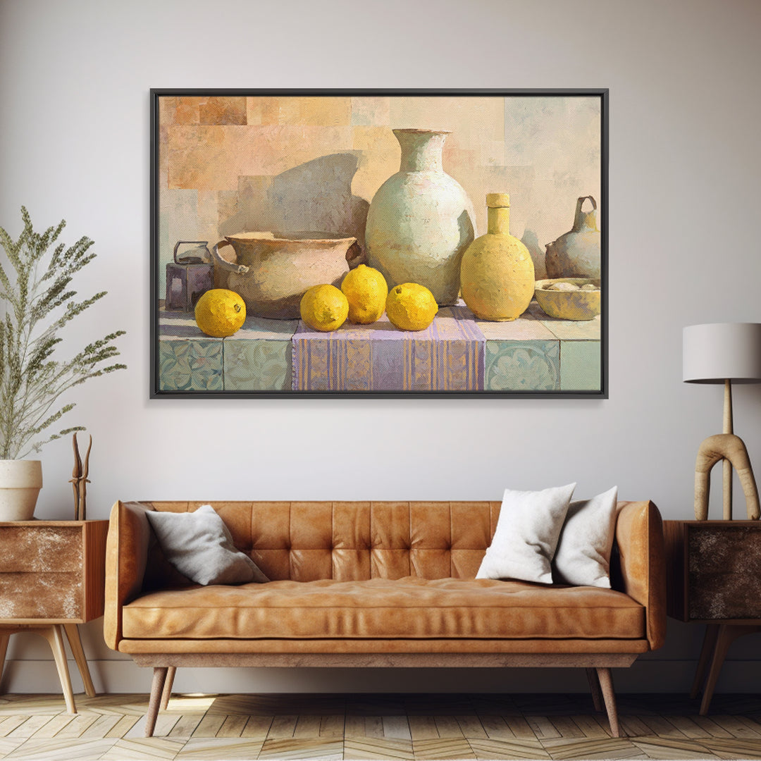 Coastal Lemons and Striped Cloth Arrangement Canvas Print, Italian Villa Art, Living Room Decor, Abstract Art, Villa, IVA-3x2-52