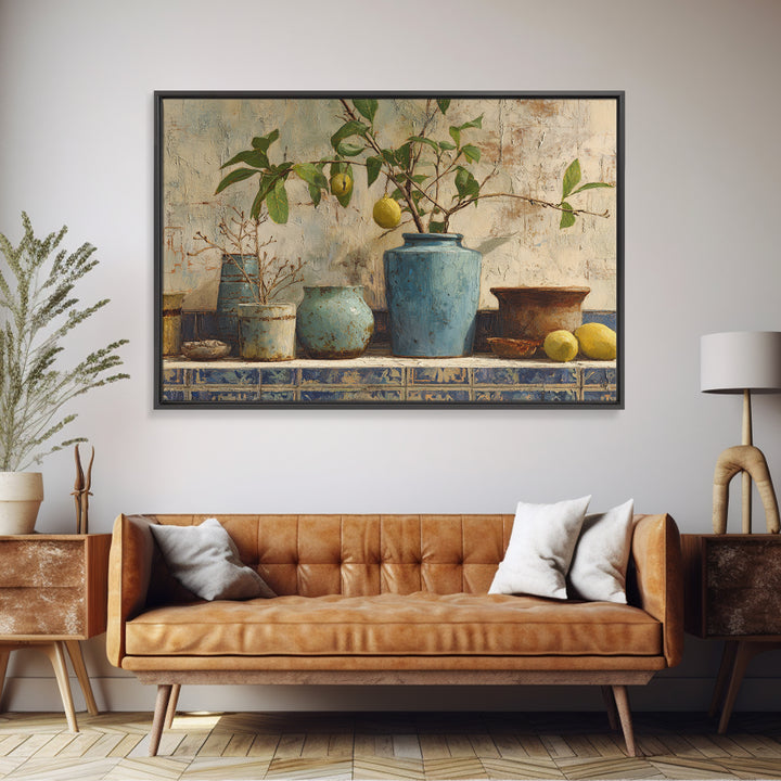 Lemon Branch in Blue Ceramic Vase Canvas Print, Italian Villa Art, Large Wall Art, Living Room Decor, Oil Painting, Villa, IVA-3x2-54