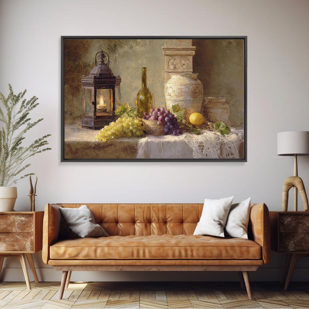 Grapevine and Wine Still Life on Linen Framed Canvas Print, Italian Villa Art, Farmhouse Wall Art, Living Room Decor, Villa, IVA-3x2-59