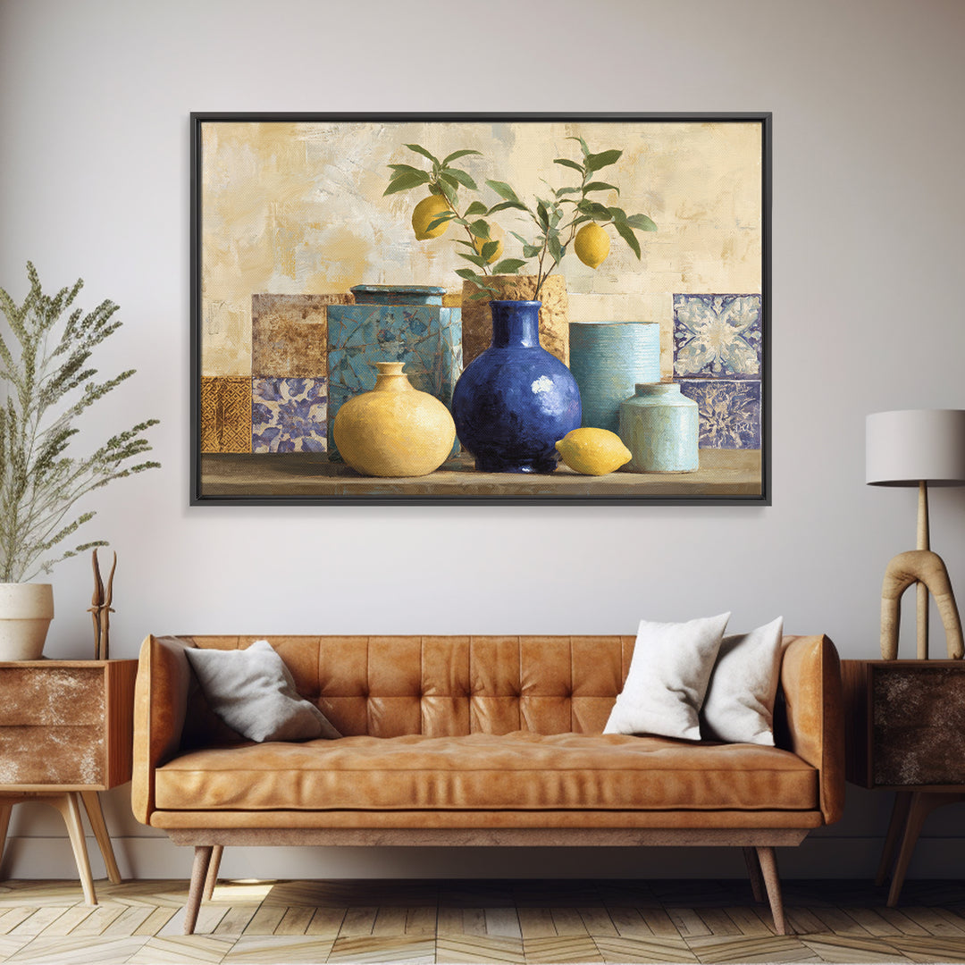 Lemon Branch in Blue Ceramic Vase Framed Canvas Print, Italian Villa Art, Contemporary Art, Living Room Decor, Fine Art, Villa, IVA-3x2-6
