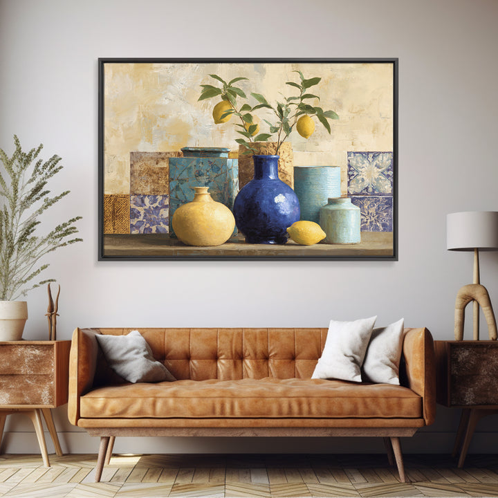 Lemon Branch in Blue Ceramic Vase Framed Canvas Print, Italian Villa Art, Contemporary Art, Living Room Decor, Fine Art, Villa, IVA-3x2-6